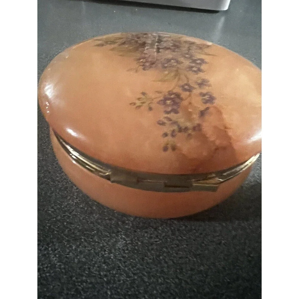 Vintage Alabaster Trinket Box Hand Carved Made in Italy Hinged Floral Design
